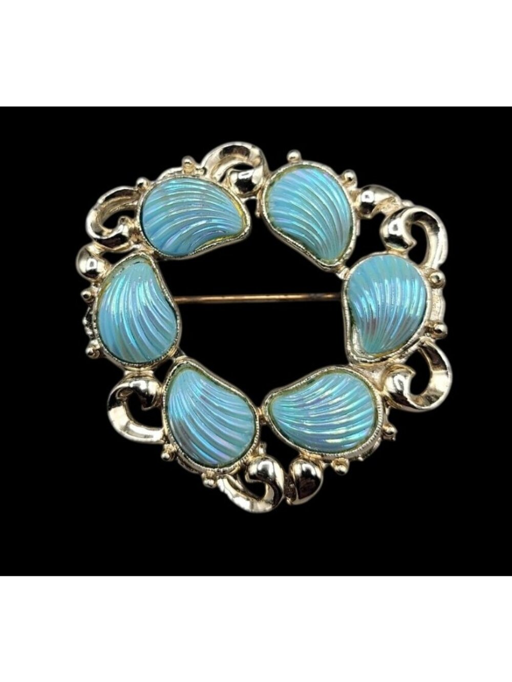 Vintage Carved Shell Gemstone Gold Plated Wreath Brooch Iridescent Baby Blue